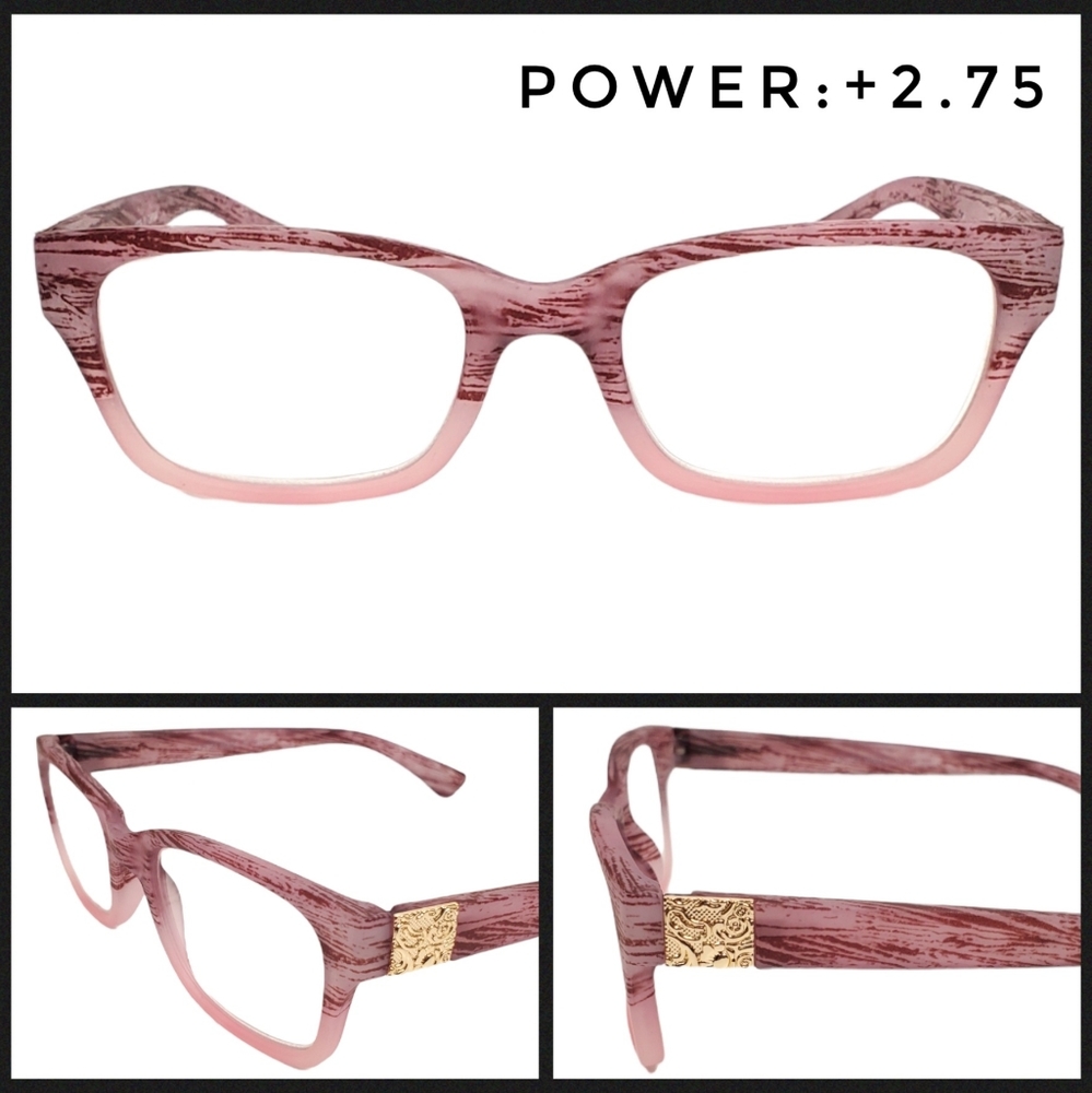 Pink +2.75 Power Rectangle Wood Look Readers, Pink Statement Reading Glasses